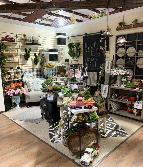 A cozy shop display featuring home decor, plants, and vintage-style items arranged on shelves and tables.