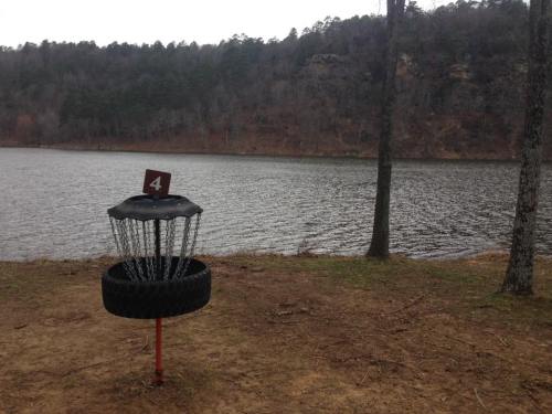 A disc golf basket near a lake, surrounded by trees and a rocky hillside in the background.