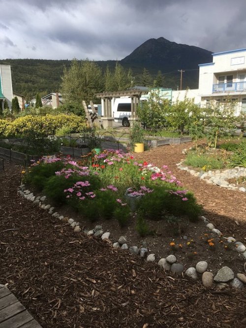 A vibrant garden with colorful flowers, surrounded by mulch and greenery, set against a backdrop of mountains and cloudy skies.