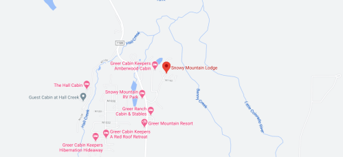 Map showing locations of Snowy Mountain Lodge, cabins, and RV park in Greer, Arizona, near Hall Creek and Ramsay Creek.