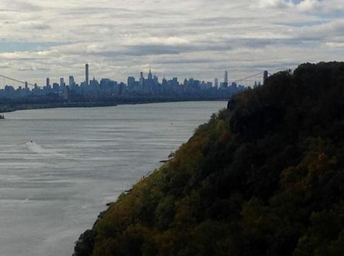 View of the New York City skyline across the river, with trees in the foreground and cloudy skies above.