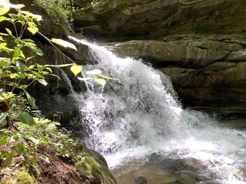 A cascading waterfall surrounded by lush greenery and rocky terrain in a serene natural setting.