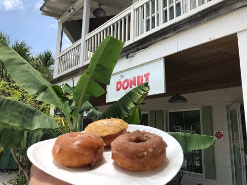 A hand holds a plate with three donuts in front of a shop sign that reads "The Donut," surrounded by palm trees.