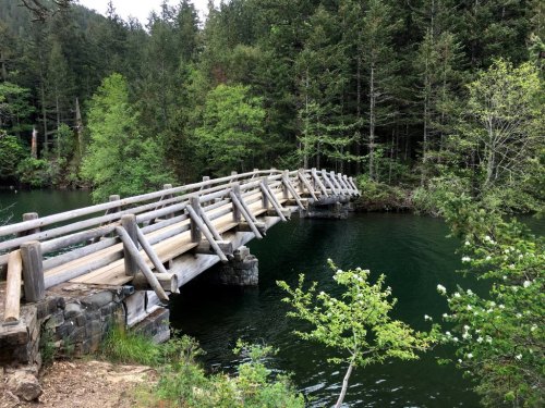 A wooden bridge spans a calm, green lake surrounded by lush trees and foliage.
