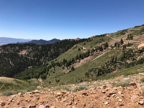 A scenic view of a mountainous landscape with green hills, trees, and a clear blue sky.