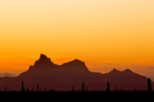 Silhouette of mountains against a vibrant orange sunset, with cacti in the foreground.