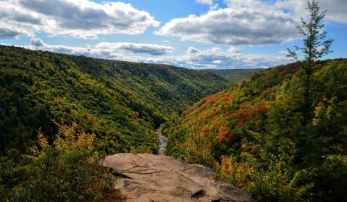 A scenic view of a lush green valley with autumn foliage and a winding river under a partly cloudy sky.