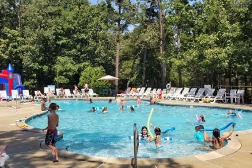 A lively pool scene with children playing, swimming, and using pool noodles, surrounded by trees and lounge chairs.