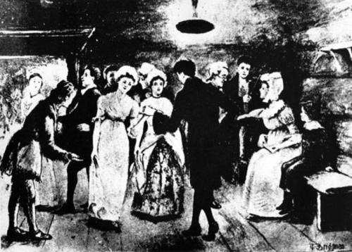 A historical black-and-white illustration of a group of people in period clothing, engaged in a lively social gathering.