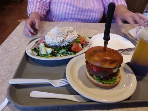 A tray with a salad topped with chicken salad and a burger with lettuce and tomato, accompanied by a drink.