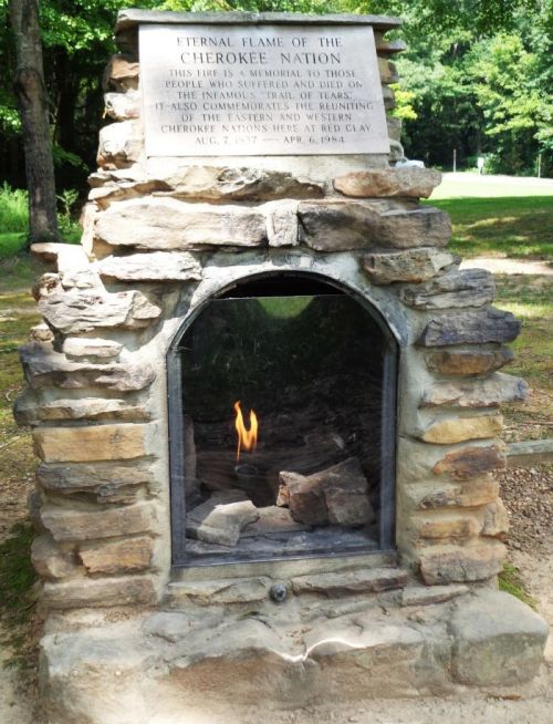 Memorial with an eternal flame honoring those who suffered and died during the Trail of Tears, Cherokee Nation.
