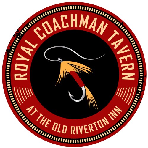 Logo for Royal Coachman Tavern at the Old Riverton Inn, featuring a fishing hook and colorful fly.