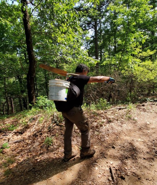 A person walking on a forest trail, carrying a bucket on their back and a stick in one hand.