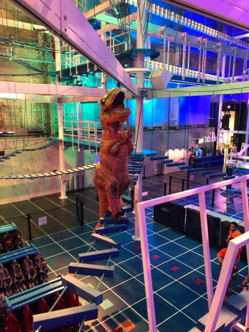 A large inflatable T-Rex hangs from a structure in a colorful indoor play area with climbing features.