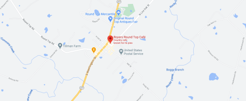 Map showing Round Top, Texas, highlighting Royers Round Top Café and nearby landmarks like the postal service.