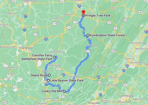 Map showing a route from Pringle Tree Park to Kumbrabow State Forest, with marked locations along the way.