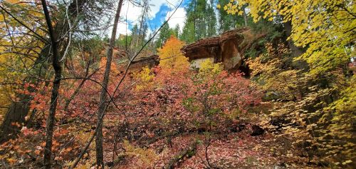 Vibrant autumn foliage in shades of orange, yellow, and red surrounds rocky outcrops under a blue sky.