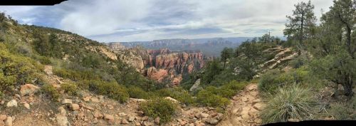 Panoramic view of a canyon landscape with red rock formations, greenery, and a cloudy sky in the background.