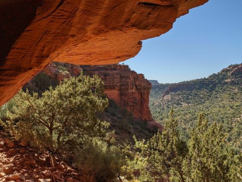 A scenic view of red rock formations and lush greenery under a rocky overhang in a canyon landscape.