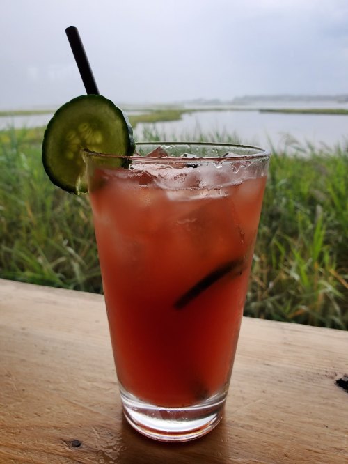 A refreshing cocktail with ice and a cucumber slice, set against a scenic view of greenery and water.