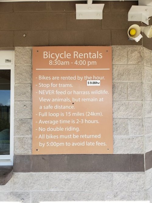 Sign for bicycle rentals with hours, rules, and pricing details. Bikes rented by the hour, $9.00/hr.