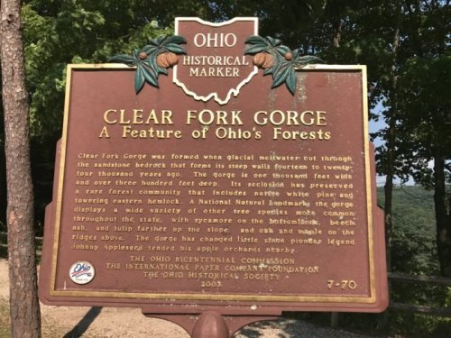 Historical marker for Clear Fork Gorge, highlighting its significance in Ohio's forests and natural features.