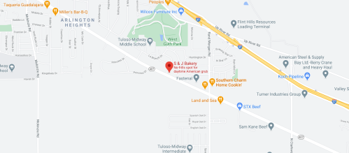 Map showing S & J Bakery location near Arlington Heights, with nearby landmarks and roads labeled.