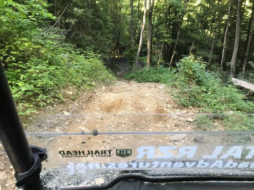 A view from an off-road vehicle looking down a rocky, forested trail surrounded by trees.