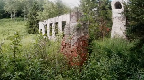 Overgrown ruins of a concrete structure and brick chimney, surrounded by lush greenery and trees.