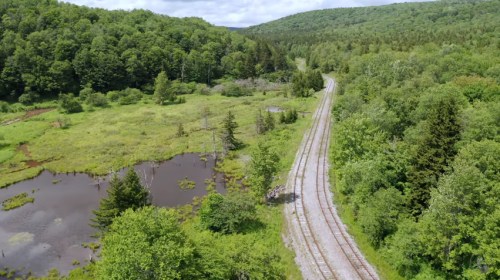 Aerial view of a winding railway track through lush green trees and a small pond in a serene landscape.