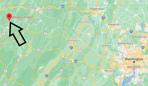 Map showing the location of Western Trails, near Oakland, Maryland, with surrounding areas and highways marked.