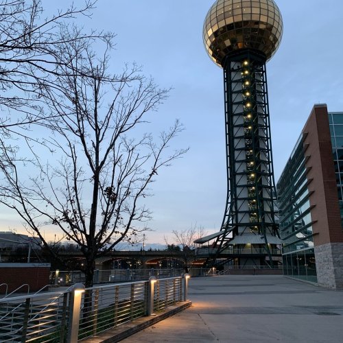 A tall tower with a golden sphere on top, surrounded by a bare tree and modern buildings under a twilight sky.