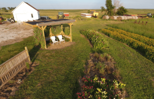 Aerial view of a garden with colorful flowers, a gazebo with chairs, and a farmhouse in the background.