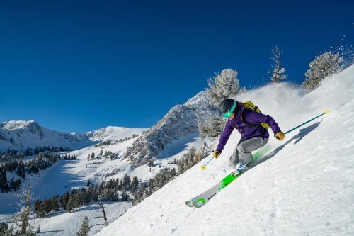 A skier in a purple jacket descends a snowy slope with mountains and clear blue sky in the background.