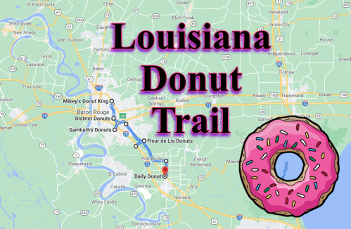 Map of the Louisiana Donut Trail with donut icons and highlighted locations for various donut shops.