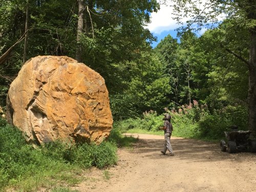 A person walks along a dirt path beside a large boulder, surrounded by lush green trees and foliage.
