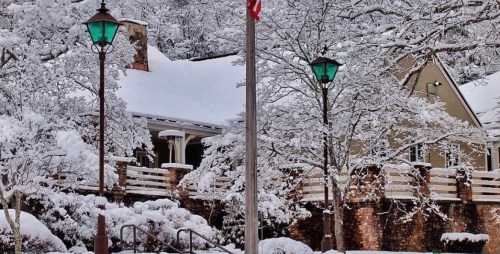 A snowy scene featuring a house with a flagpole, surrounded by snow-covered trees and vintage street lamps.