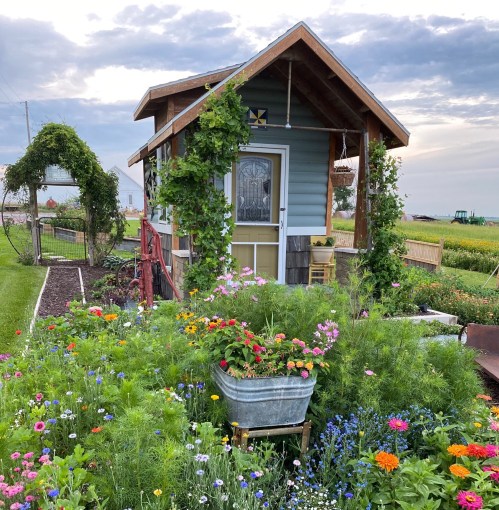 A charming garden shed surrounded by vibrant flowers and greenery, set against a cloudy sky.