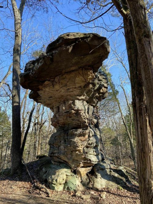 A large, flat-topped rock formation stands among trees under a clear blue sky.