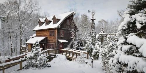 A charming wooden house surrounded by snow-covered trees and a winter landscape.
