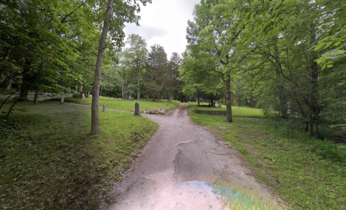 A winding dirt path through a lush green forest, surrounded by trees and grassy areas.