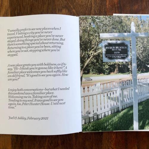 A page from a book featuring a sign for Peter Hunter House, with a personal note from Joel and Ashley, February 2021.