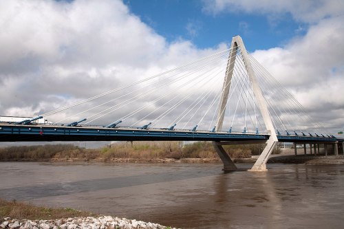 A modern cable-stayed bridge spans a river, with cloudy skies and greenery in the background.