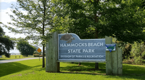 Sign for Hammocks Beach State Park, surrounded by greenery, with a clear blue sky in the background.