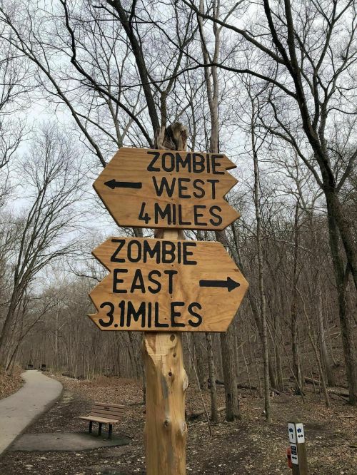Wooden signpost with arrows indicating directions to "Zombie West" (4 miles) and "Zombie East" (3.1 miles) in a wooded area.