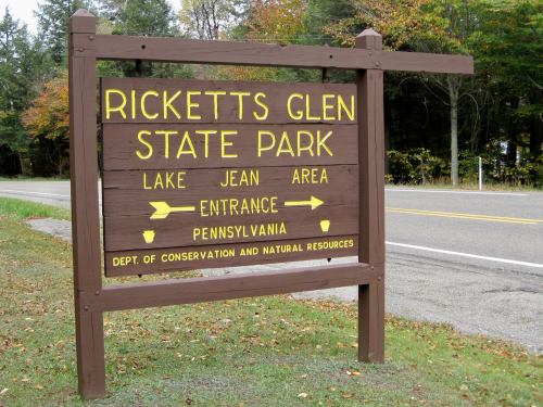 Sign for Ricketts Glen State Park, indicating the Lake Jean area entrance in Pennsylvania.