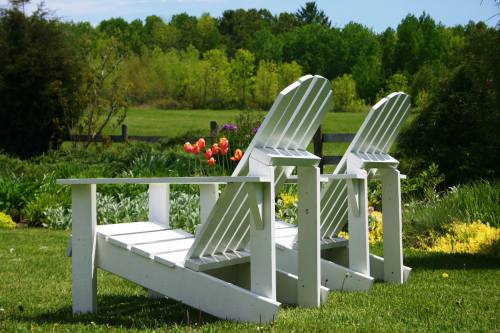 Two white Adirondack chairs sit in a lush garden, surrounded by colorful flowers and greenery under a clear blue sky.