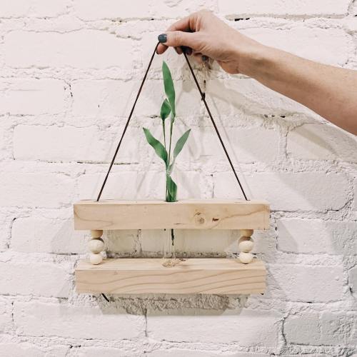 A hand holds a wooden planter with a green plant, hanging against a white brick wall.