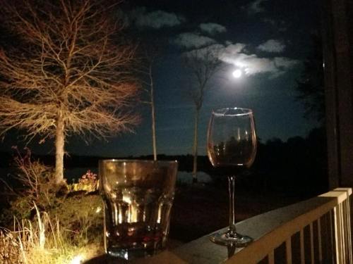A serene night scene featuring two glasses of wine on a balcony, with a full moon and trees in the background.