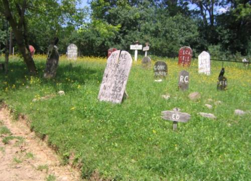 A grassy area with several old gravestones, some with inscriptions, surrounded by trees and wildflowers.